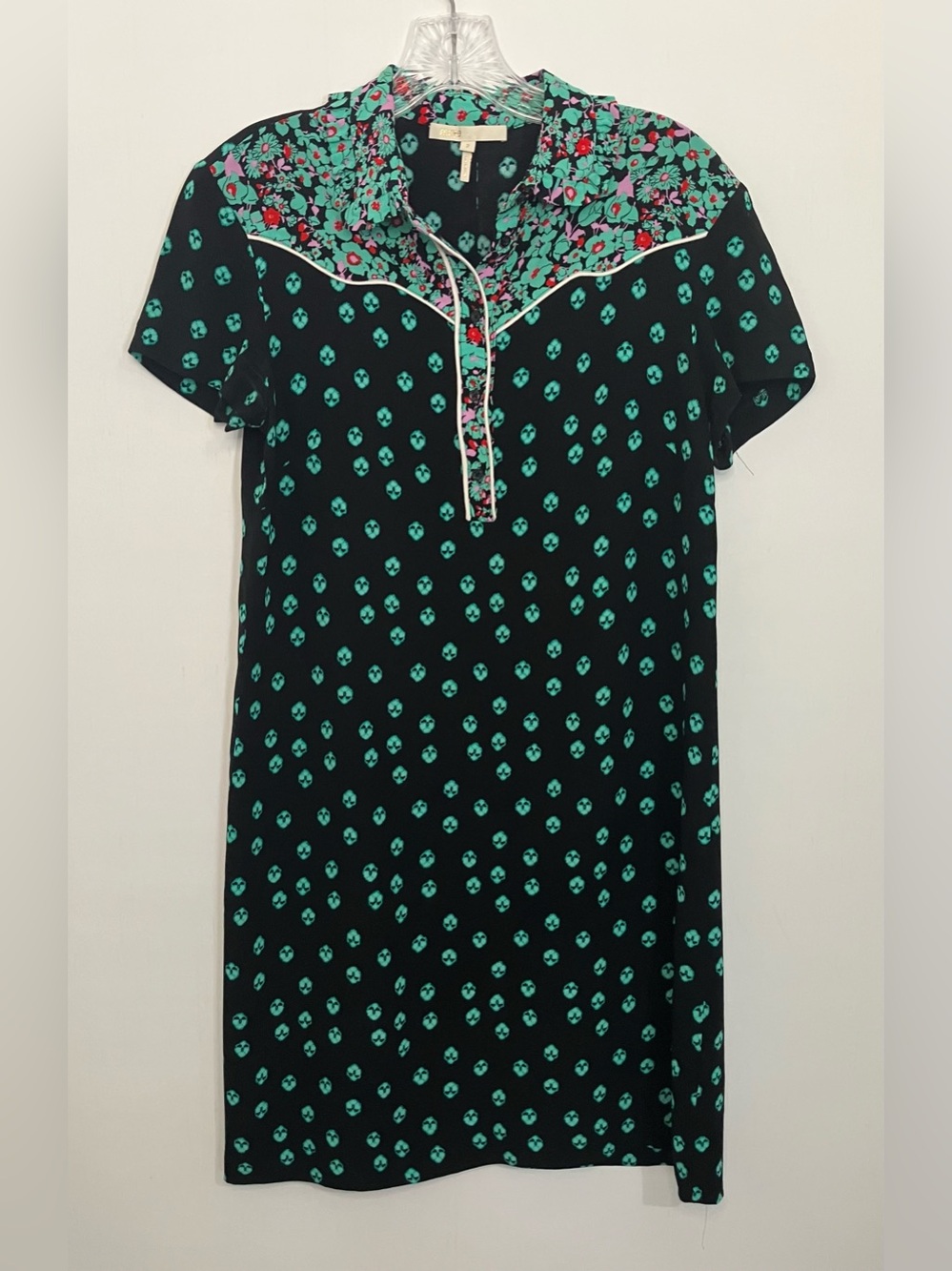 Maje Mini Dress US Sz Medium Black Green Romani Floral Print Short Sleeves Indie - Picture 2 of 6